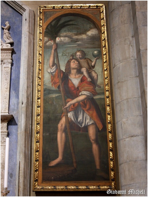 San Cristoforo con bastone e palma e grasso Bambino sulla spalla