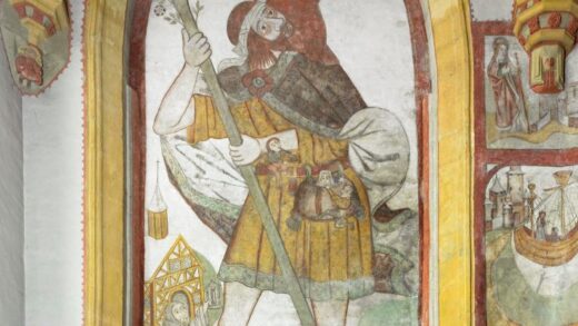 San Cristoforo con sirena eremita quercia e pellegrini alla cintura