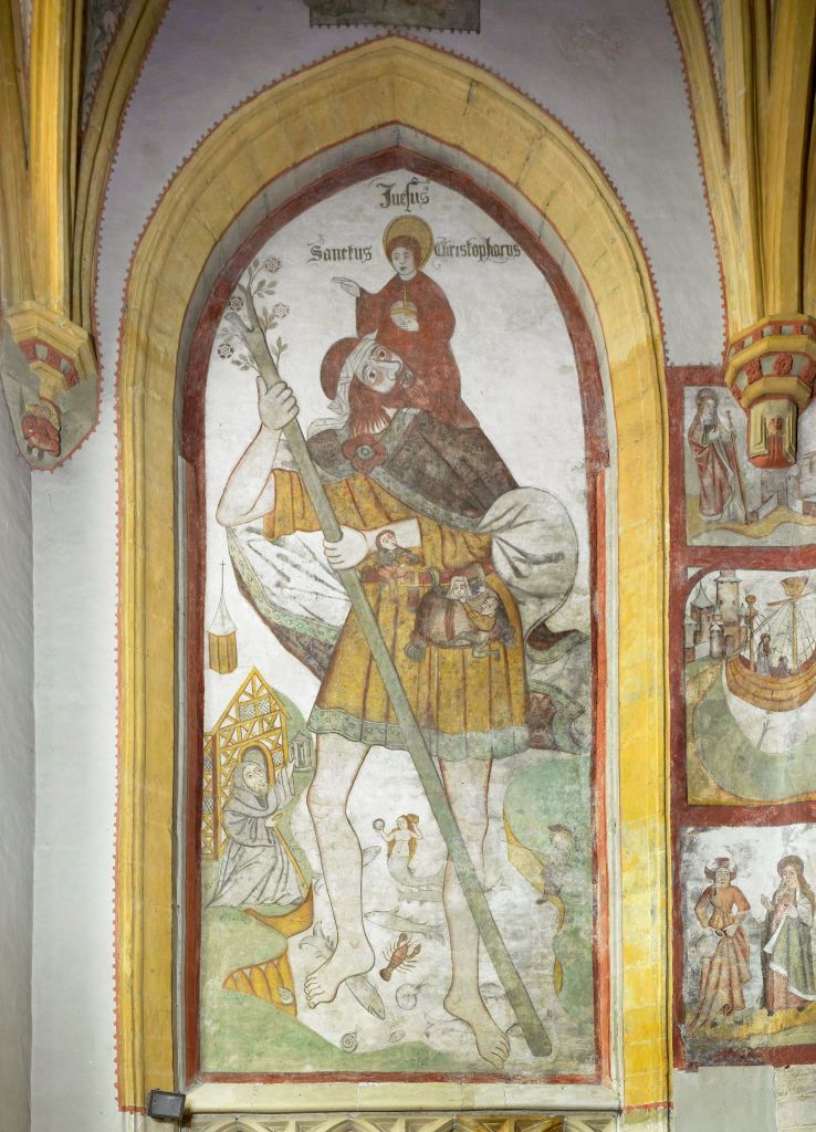 San Cristoforo con sirena eremita quercia e pellegrini alla cintura